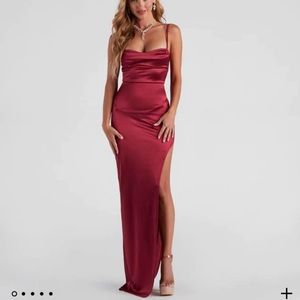 Sexy Burgundy High Slit Satin Dress Windsor NEW